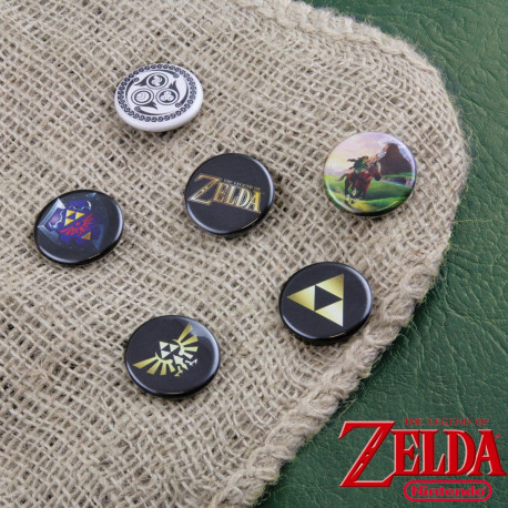 Six badges avec images ou logos du jeu mythique Zelda