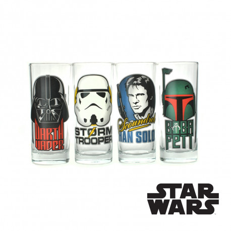 Lot de quatre verres sur chacun un personnage emblématique Star Wars 