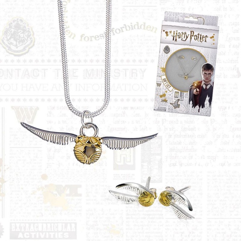 Bijoux Harry Potter : collier et boucles d'oreilles Vif d'Or sur