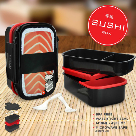 Cette Bento Box pleine de charme et d’originalité prend la forme d’un méga sushi… Disposant de nombreux emplacements et de couverts, cette boîte renferme cinq compartiments dans lesquels vous pourrez disposer tout votre repas ! 