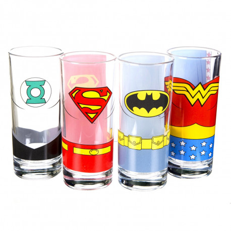 Lot de quatre verres Justice League ( Wonder Woman, Superman, Batman et Green Lantern