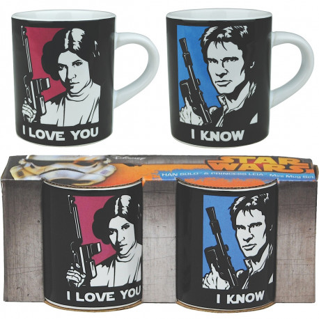 « I love you… I know ! » Cette réplique à deux, culte de la saga Star Wars, est mise en forme sur ces deux mini mugs so geek ! Buvez votre café en amoureux avec chic et geek-attitude à l’aide de ces tasses à expresso Han Solo et Princesse Leia…